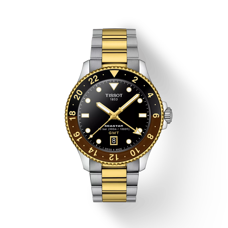 Vue de face de la montre Tissot Seastar 1000 Quartz GMT avec ombre
