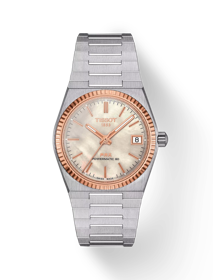 Vista frontal del reloj Tissot PRX Powermatic 80 Steel & 18K Gold Bezel 35mm con sombra