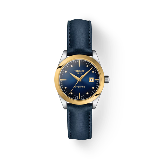 Front view of the watch Tissot T-My Lady Automatic 18K Gold bezel with shadow