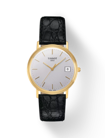 Front view of the watch Tissot Goldrun Hesalite 18K Gold with shadow