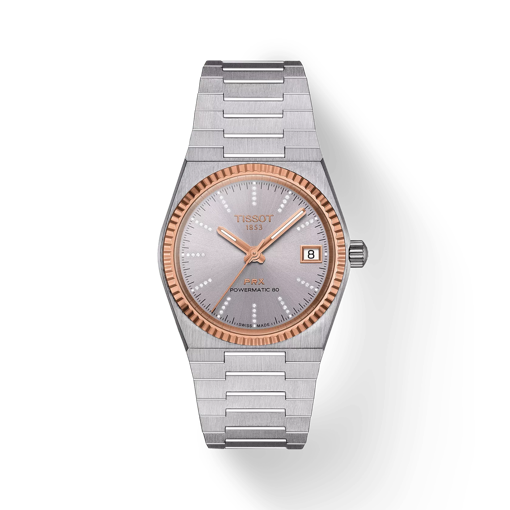 Front view of the watch Tissot PRX Powermatic 80 Steel & 18K Gold Bezel 35mm with shadow