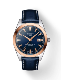Front view of the watch Tissot Gentleman Powermatic 80 Silicium Solid 18K Gold bezel with shadow