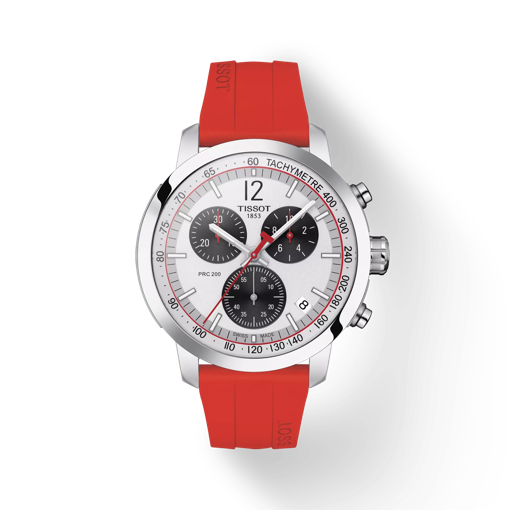 Front view of the watch Tissot PRC 200 Chronograph with shadow
