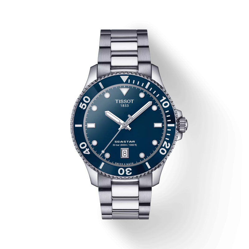 Vue de face de la montre Tissot Seastar 1000 40mm avec ombre