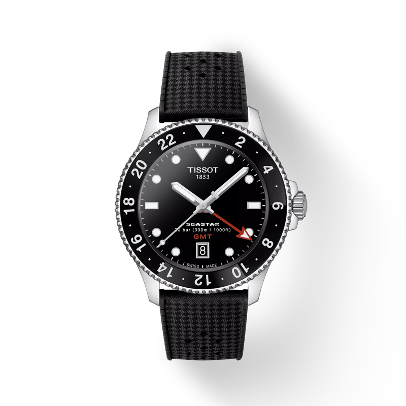 Vue de face de la montre Tissot Seastar 1000 Quartz GMT avec ombre